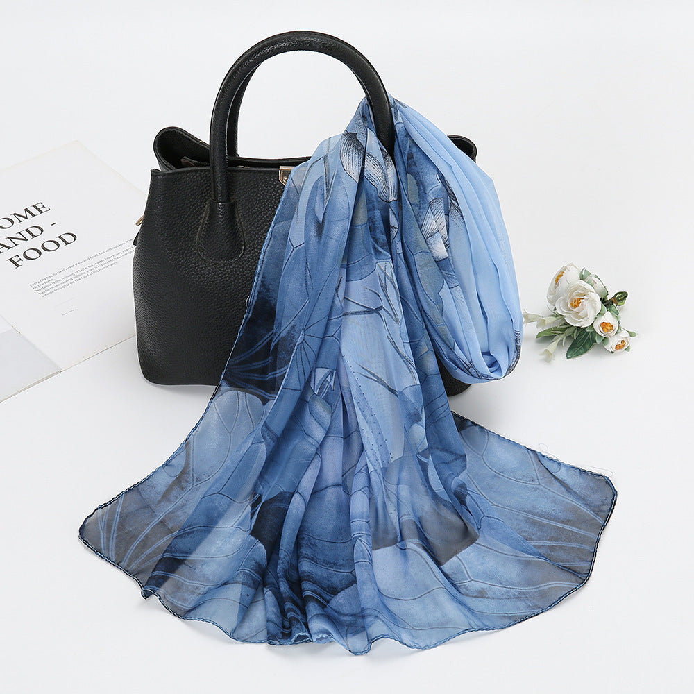 Elegant Chiffon Printed Silk Scarf – Lightweight Lotus Pond Moonlight Wrap for Women