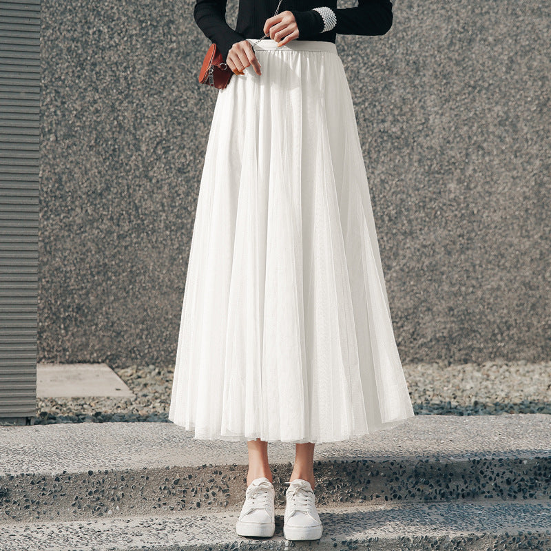 Women’s Pleated Mesh Midi Skirt – Elegant High Waist Swing Tulle Skirt