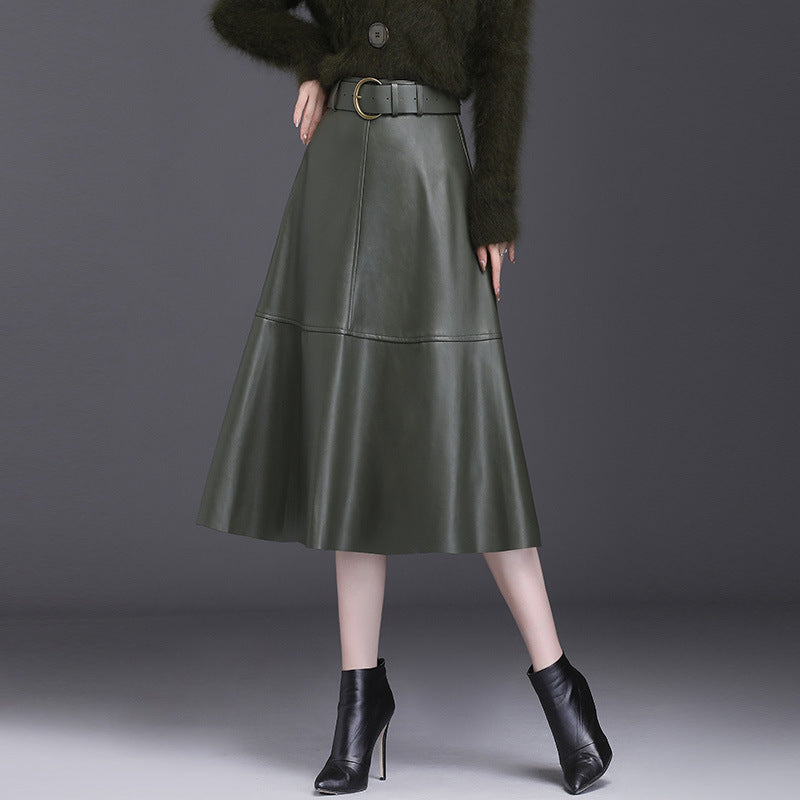 Women’s Leather A-Line Skirt – High Waist Pleated Midi Skirt
