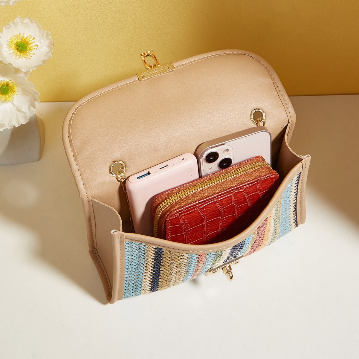 Woven Rainbow Crossbody Bag β Trendy Square Sling Bag with Gold Chain