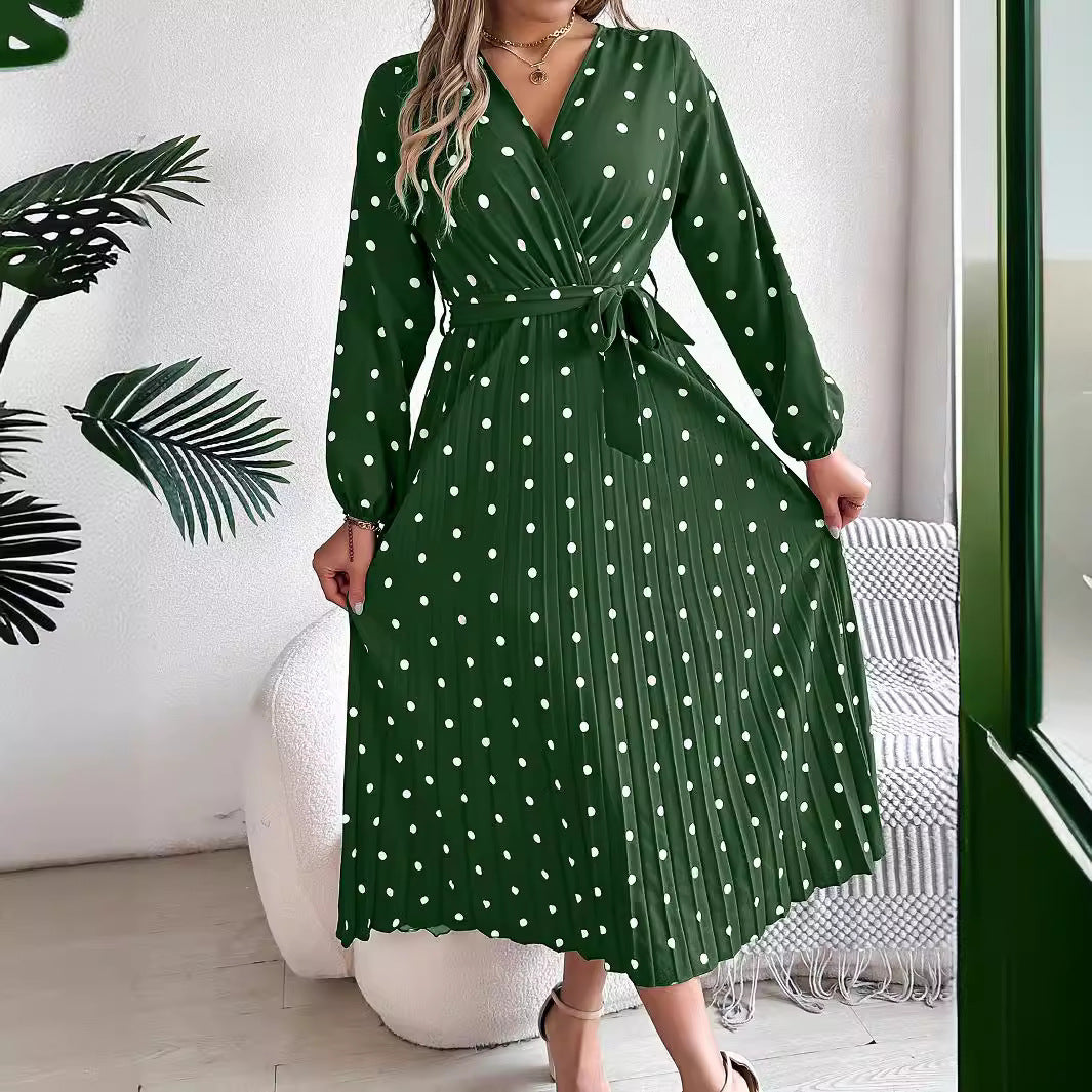 Women’s Polka Dot Long Sleeve Wrap Maxi Dress – Elegant Pleated V-Neck