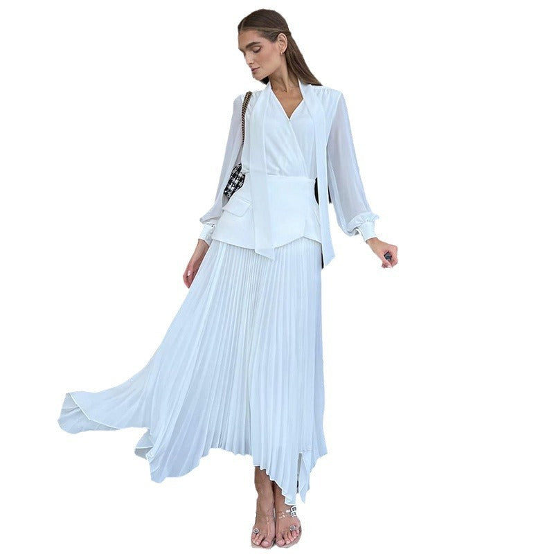 Women’s Elegant White Pleated Belted Maxi Dress – Luxury Evening & Party Wear