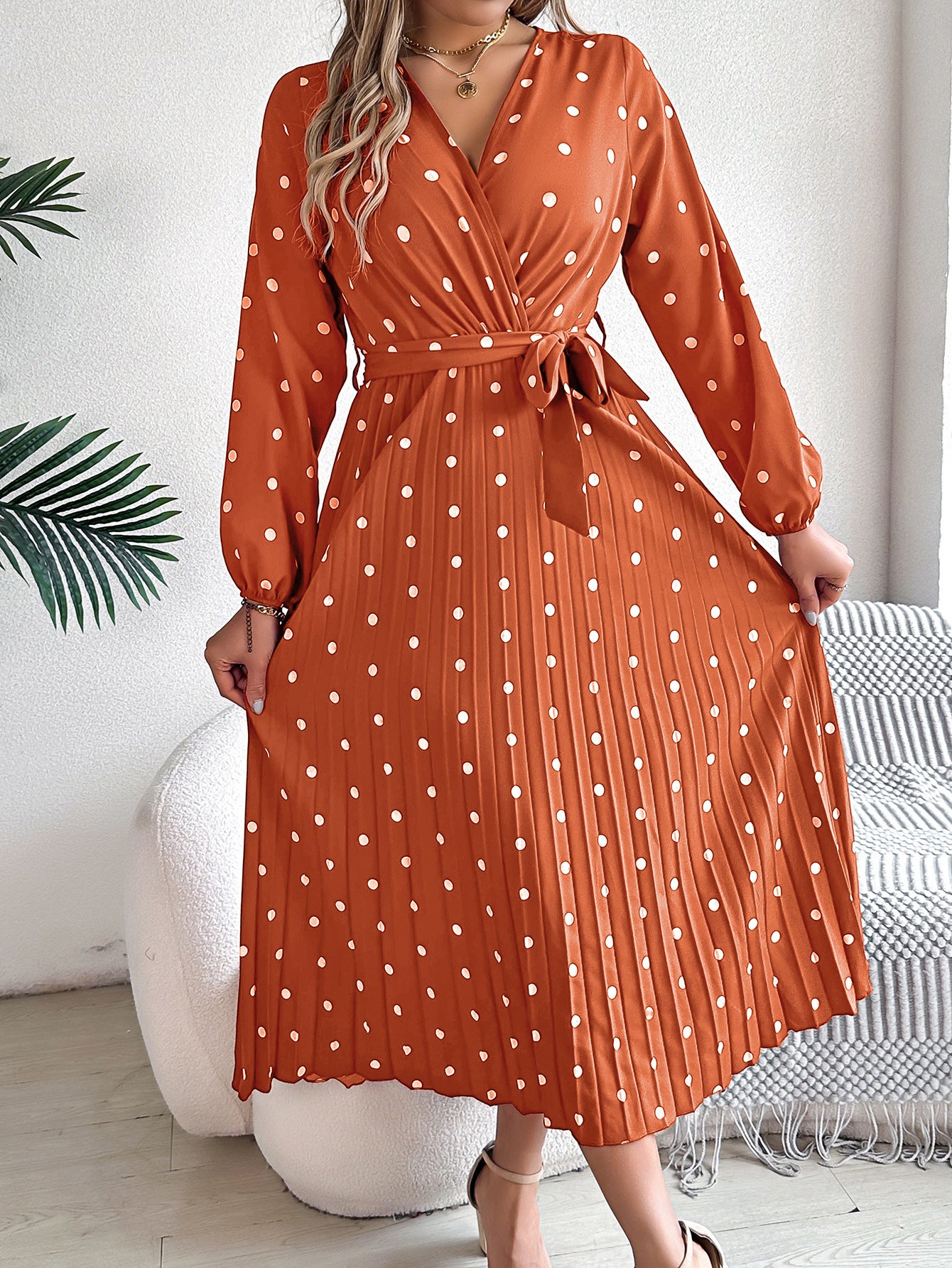 Women’s Polka Dot Long Sleeve Wrap Maxi Dress – Elegant Pleated V-Neck