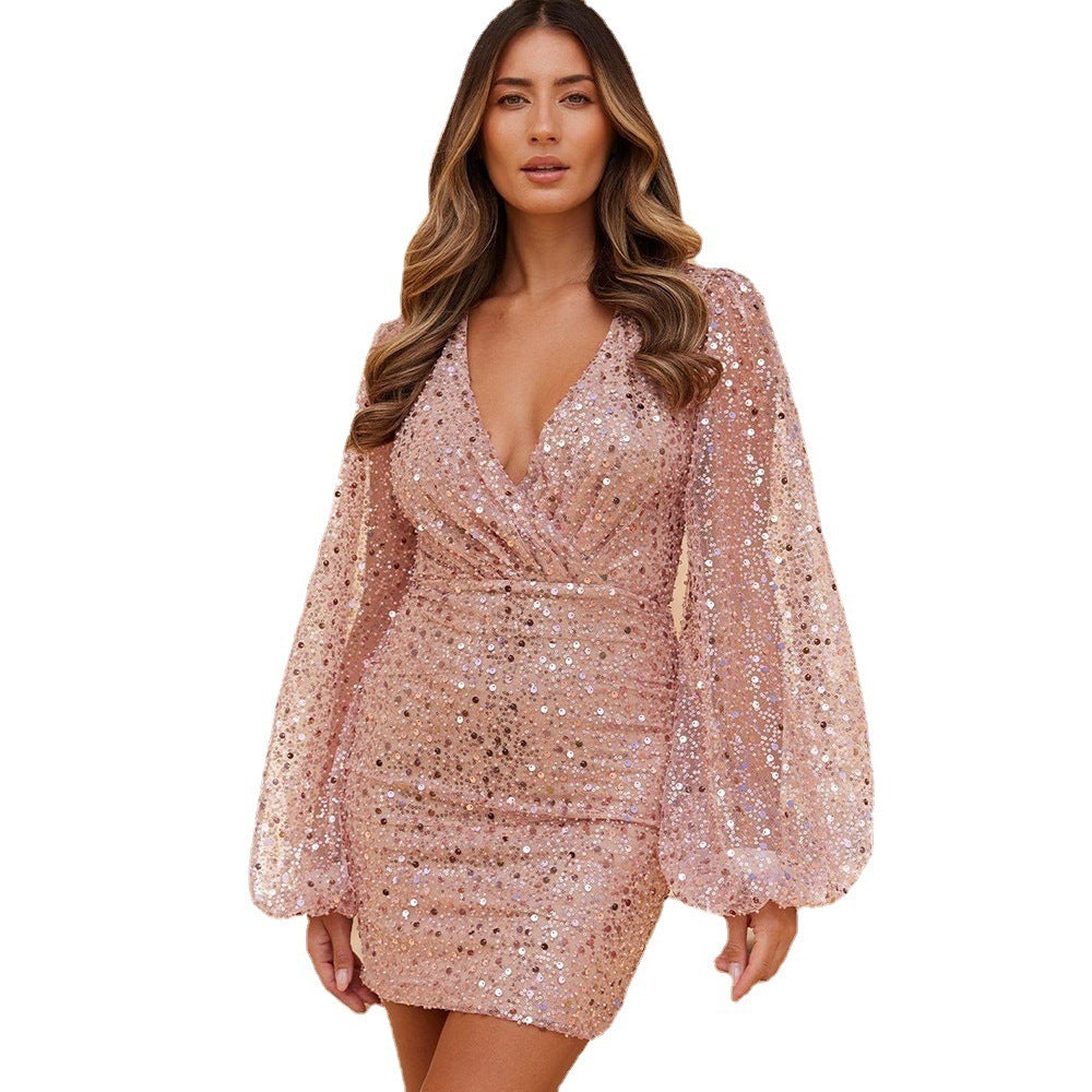 Women’s Sequin Bodycon Mini Dress – Long Sleeve V-Neck Party Outfit