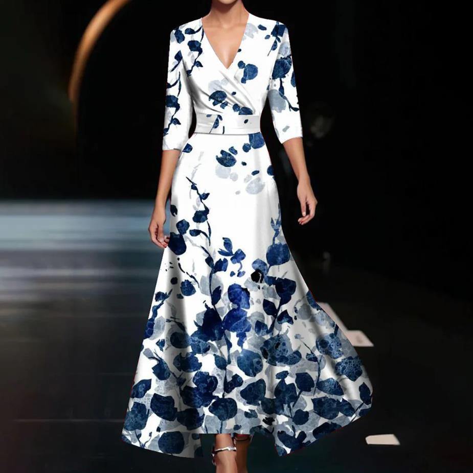 Women’s Cross V-Neck 3/4 Sleeve Floral Maxi Dress