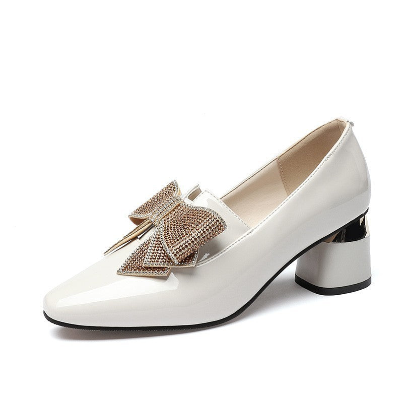 Women’s Rhinestone Bow High Heel Shoes – Elegant Block Heel Party & Office Pumps