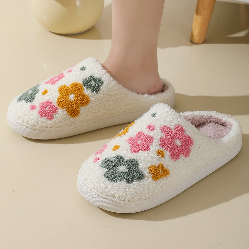 Women’s Warm Indoor Cotton Slippers – Colorful Floral Anti-Slip Winter House Shoes