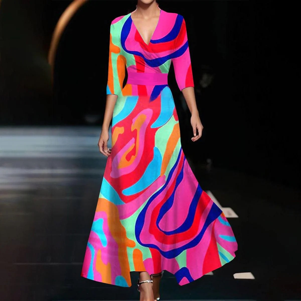 Women’s Cross V-Neck 3/4 Sleeve Floral Maxi Dress