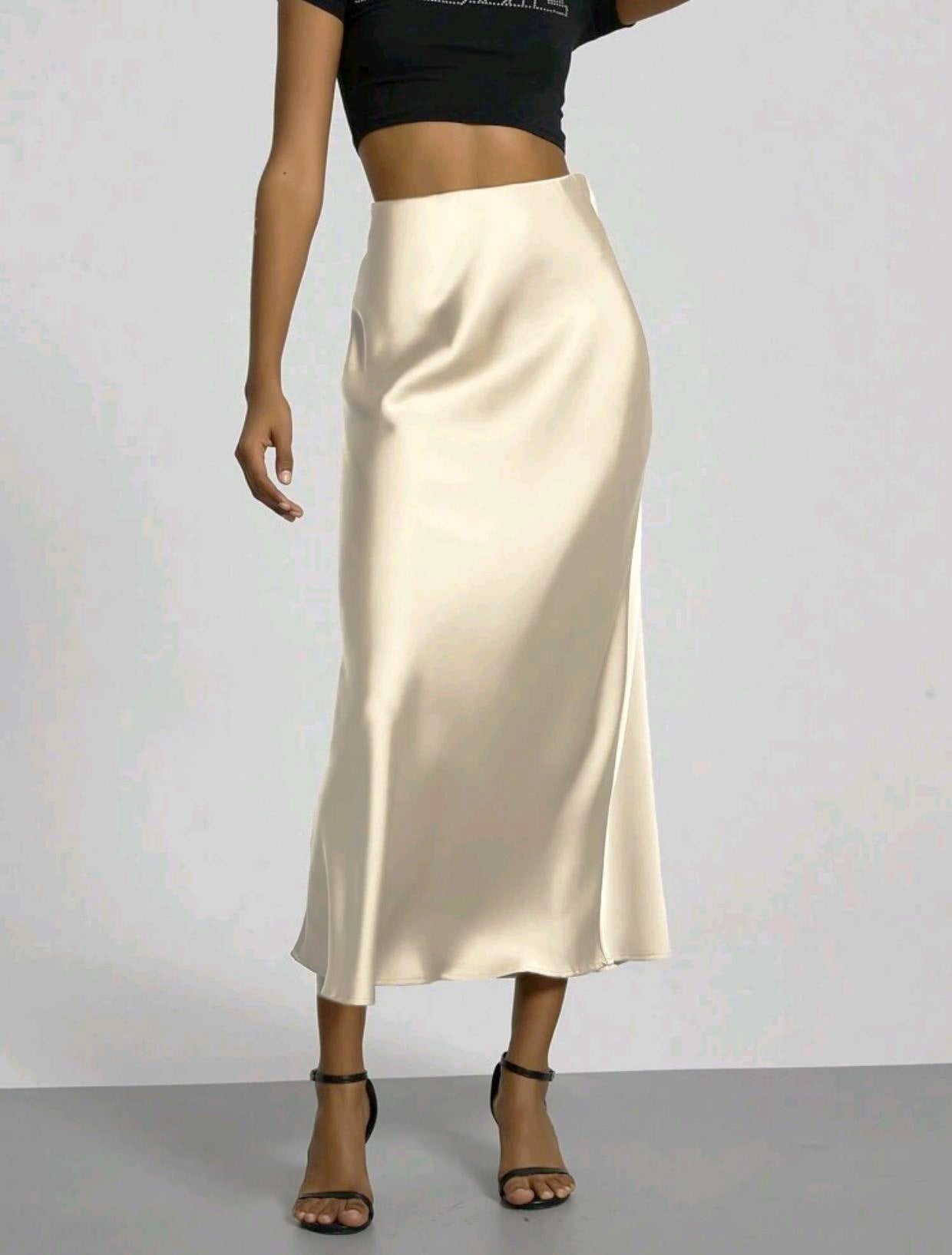 Women’s Slim Fit Satin Skirt – Chic Solid High Waist Long Skirt