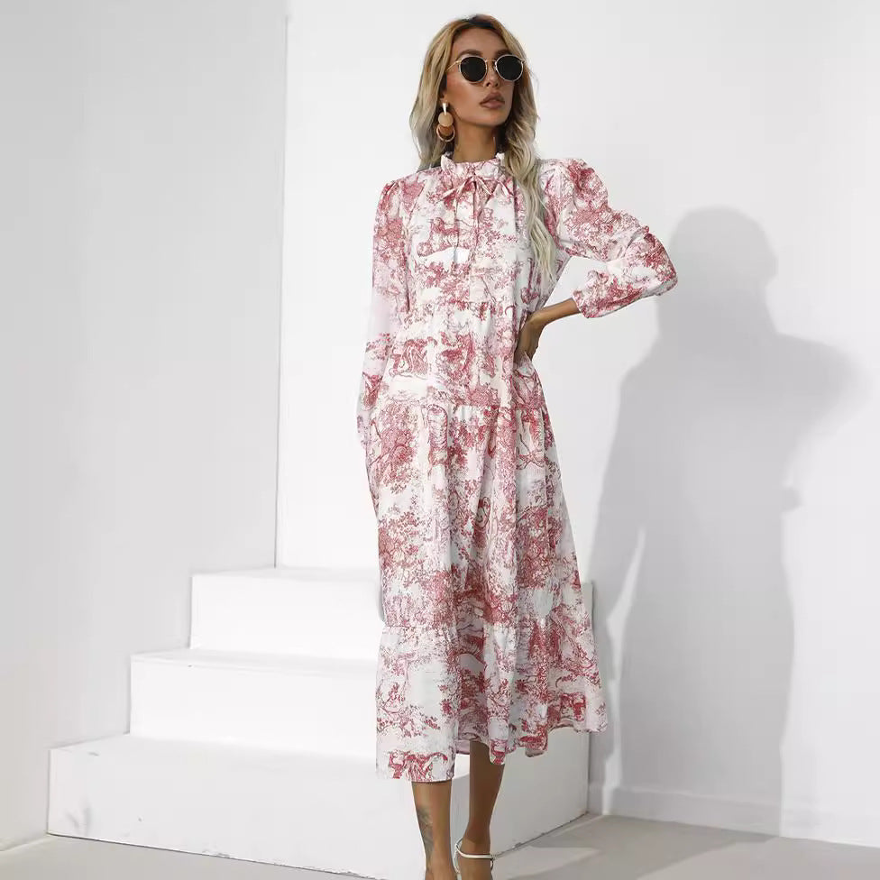 Women’s Round Neck Printed Loose Midi Dress – Casual & Elegant Style