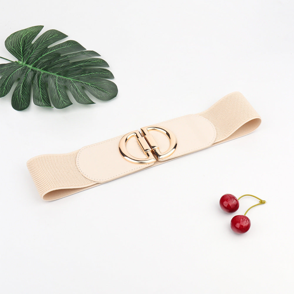 Women’s Elastic Wide Belt with Gold Buckle – Fashion Waist Cincher