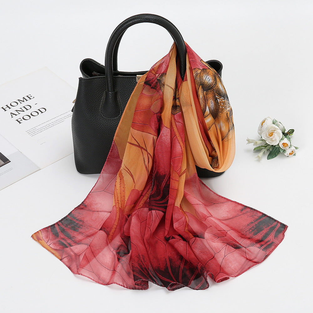 Elegant Chiffon Printed Silk Scarf – Lightweight Lotus Pond Moonlight Wrap for Women