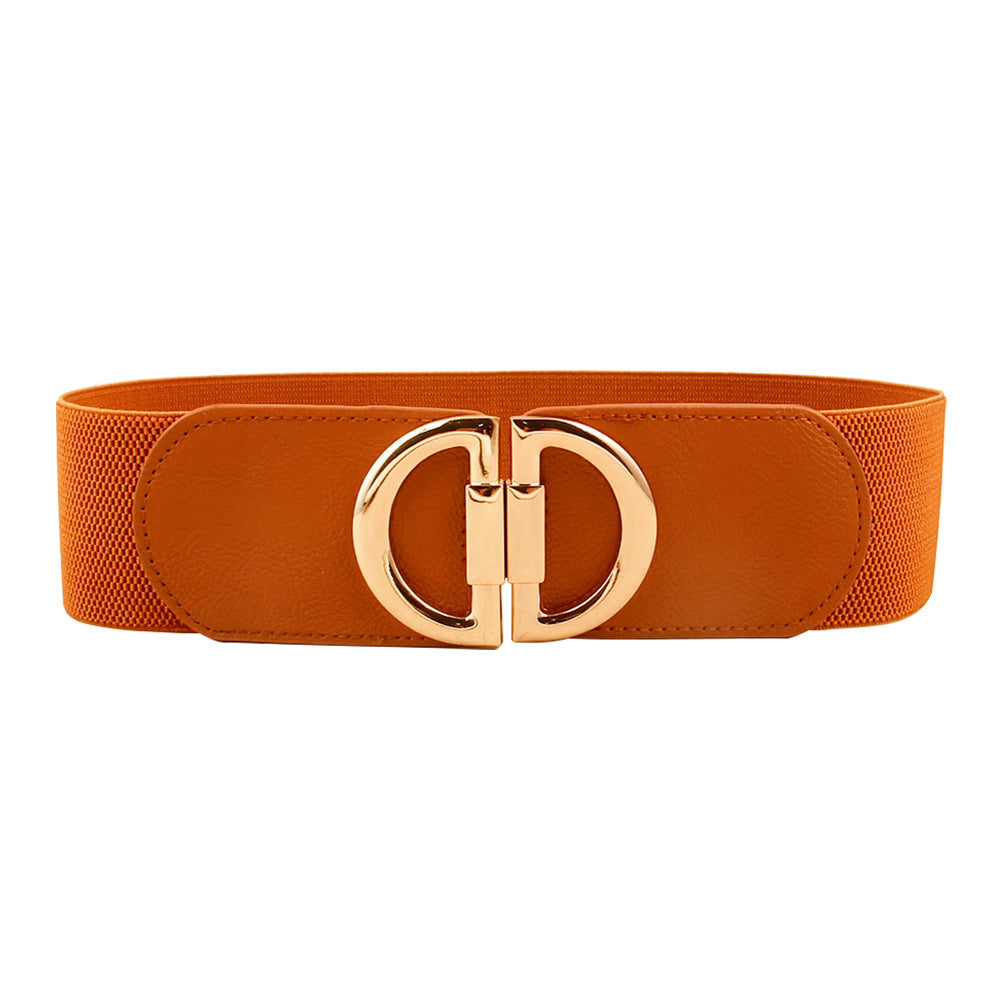 Women’s Elastic Wide Belt with Gold Buckle – Fashion Waist Cincher