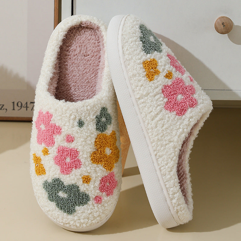 Women’s Warm Indoor Cotton Slippers – Colorful Floral Anti-Slip Winter House Shoes