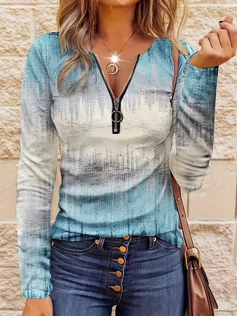 Women's Casual Loose Contrast Striped Half Zipper Top