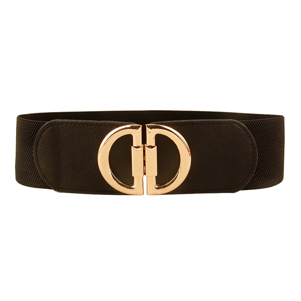 Women’s Elastic Wide Belt with Gold Buckle – Fashion Waist Cincher