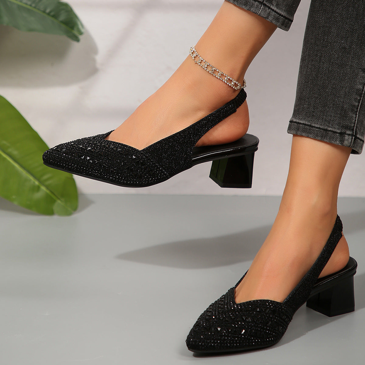 Women’s Plus Size Rhinestone Pointed Toe Low Heel Shoes – Elegant Party & Evening Sandals