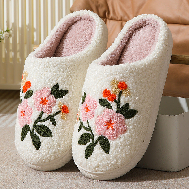 Women’s Warm Indoor Cotton Slippers – Colorful Floral Anti-Slip Winter House Shoes