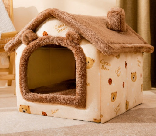 Foldable Pet House – Warm Enclosed Dog & Cat Bed with Removable Cushion