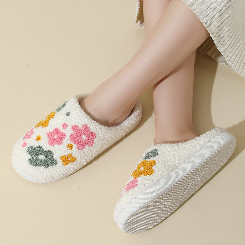 Women’s Warm Indoor Cotton Slippers – Colorful Floral Anti-Slip Winter House Shoes