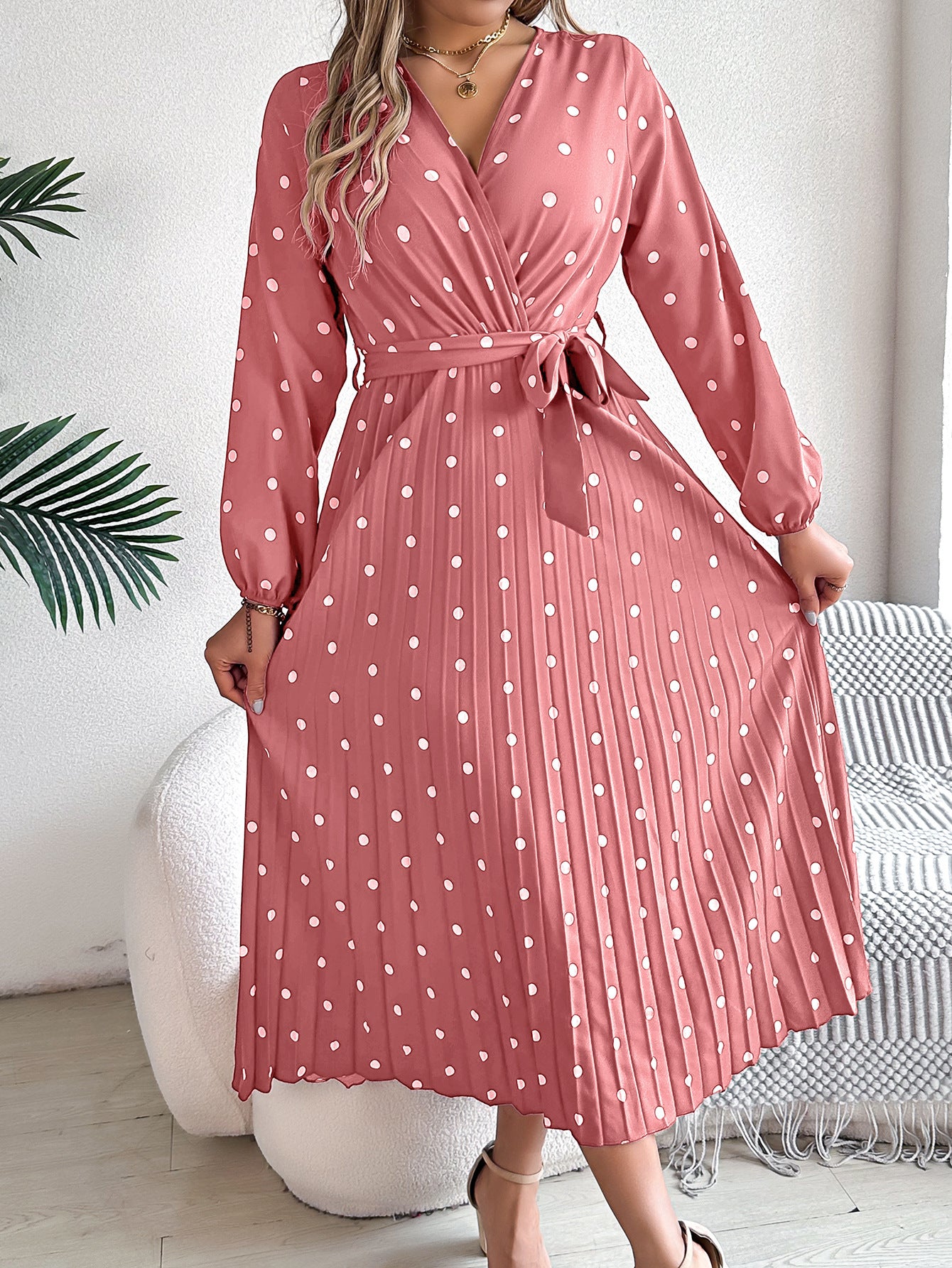 Women’s Polka Dot Long Sleeve Wrap Maxi Dress – Elegant Pleated V-Neck