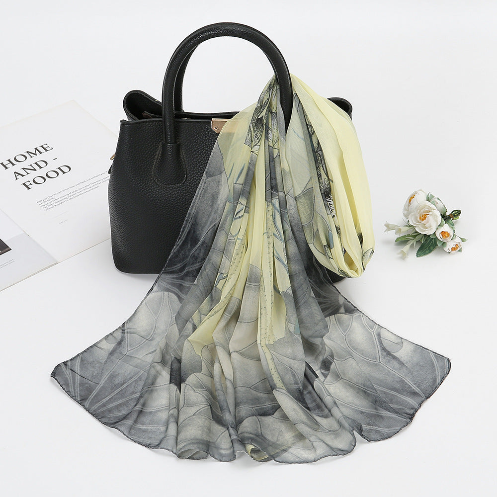 Elegant Chiffon Printed Silk Scarf – Lightweight Lotus Pond Moonlight Wrap for Women