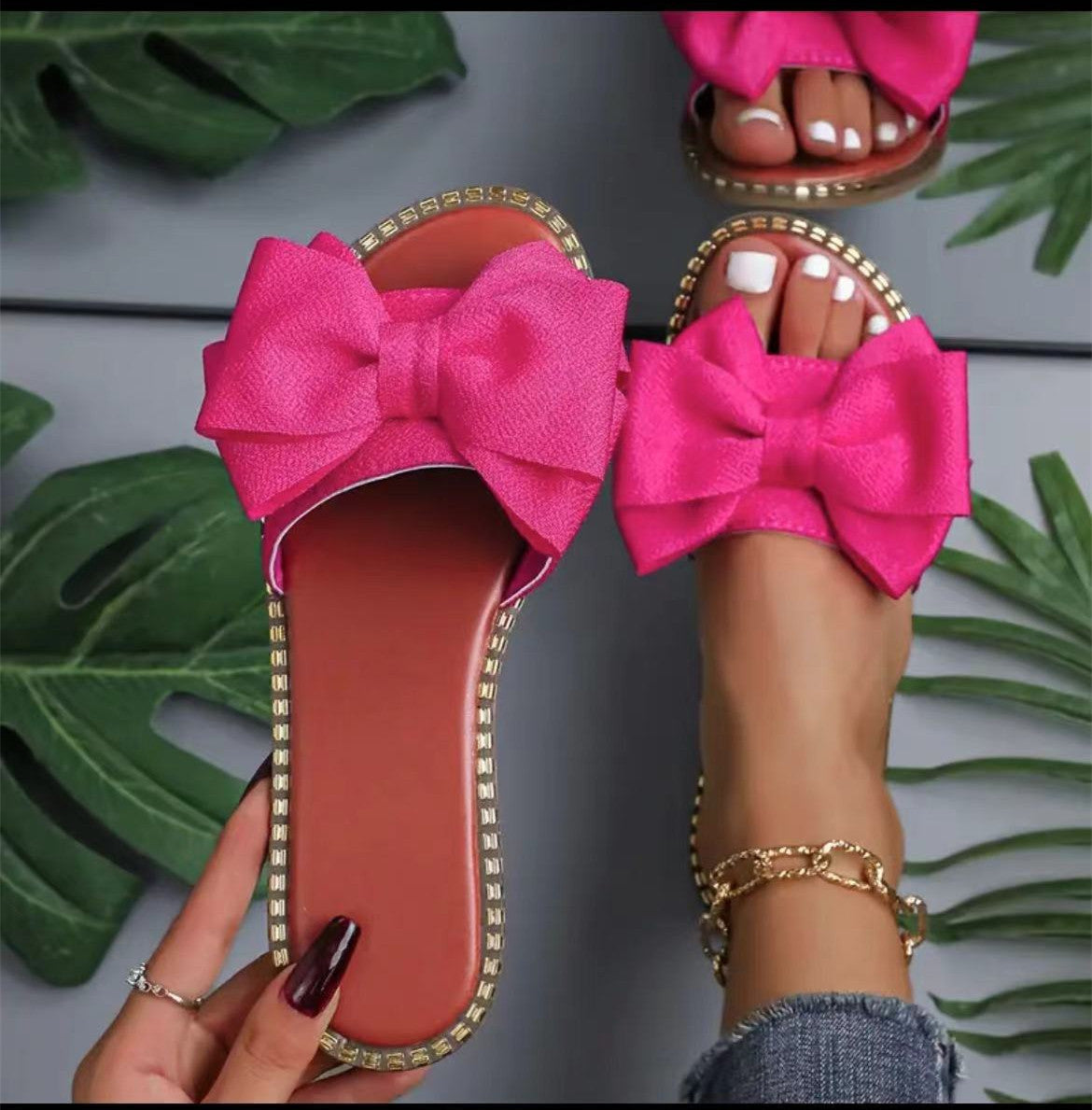 Women’s Rhinestone Bowknot Flat Slippers – Summer Casual Sandals