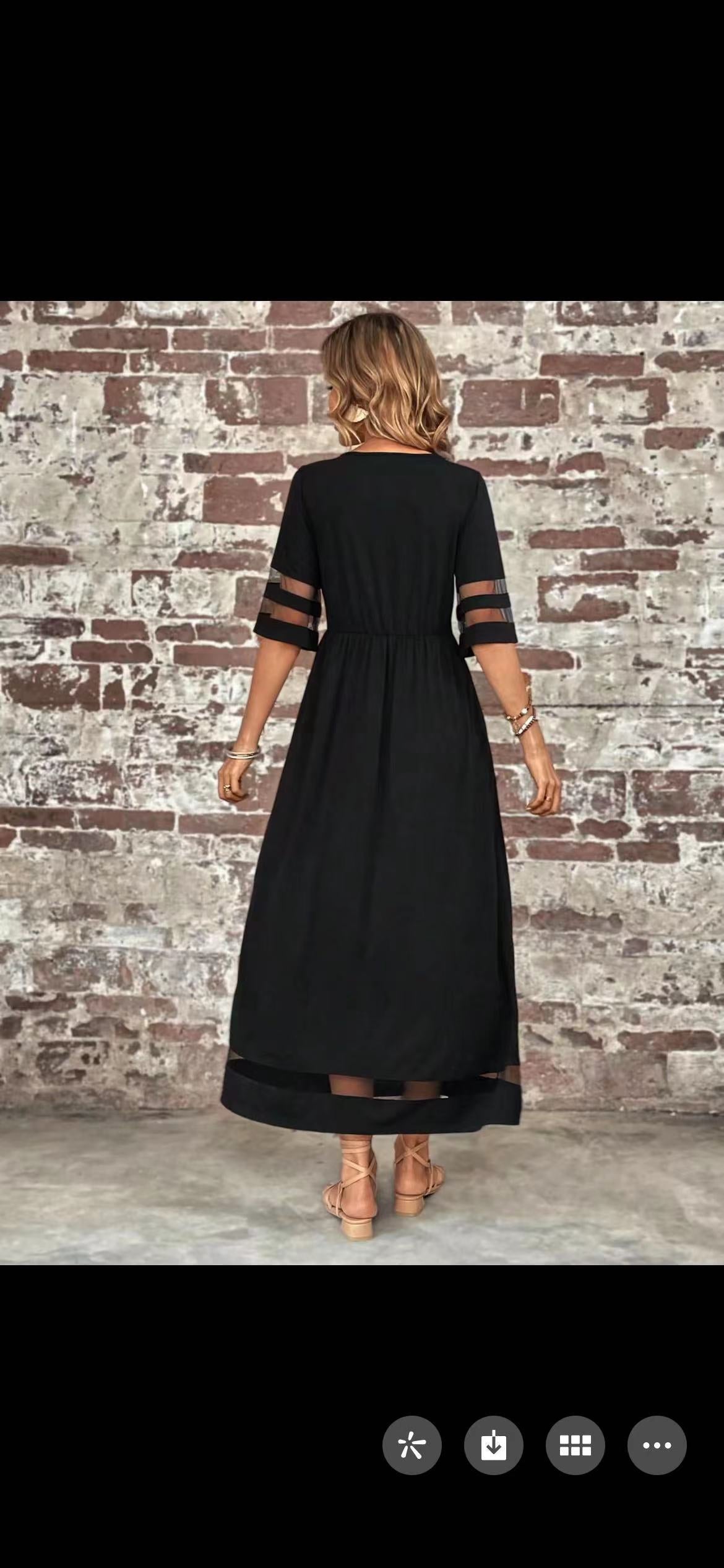 Women’s Casual Mesh Patchwork Maxi Dress with Pockets – Round Neck, 3/4 Sleeve