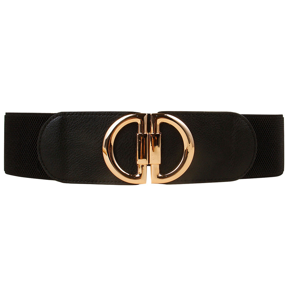 Women’s Elastic Wide Belt with Gold Buckle – Fashion Waist Cincher