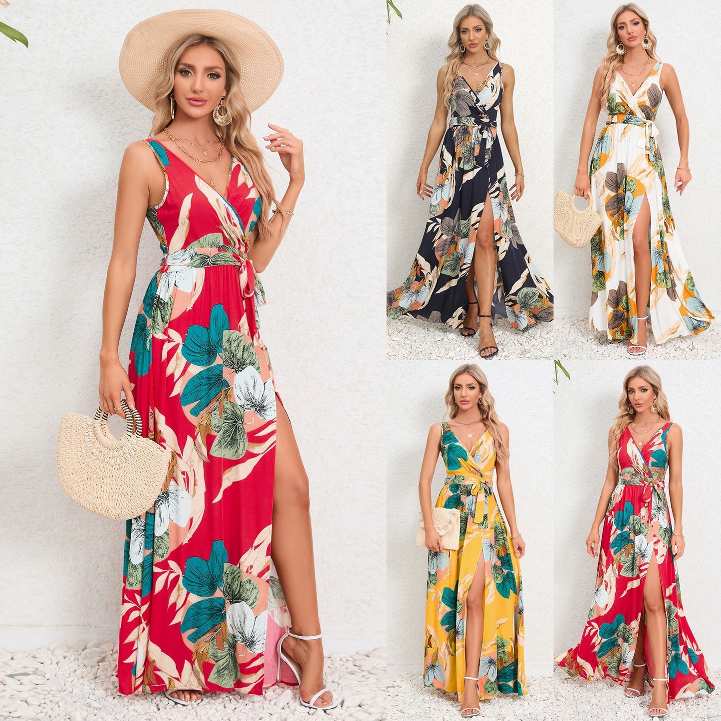 V-neck Floral Print Summer Maxi Dress – Sleeveless Slit Long Beach Dress for Women
