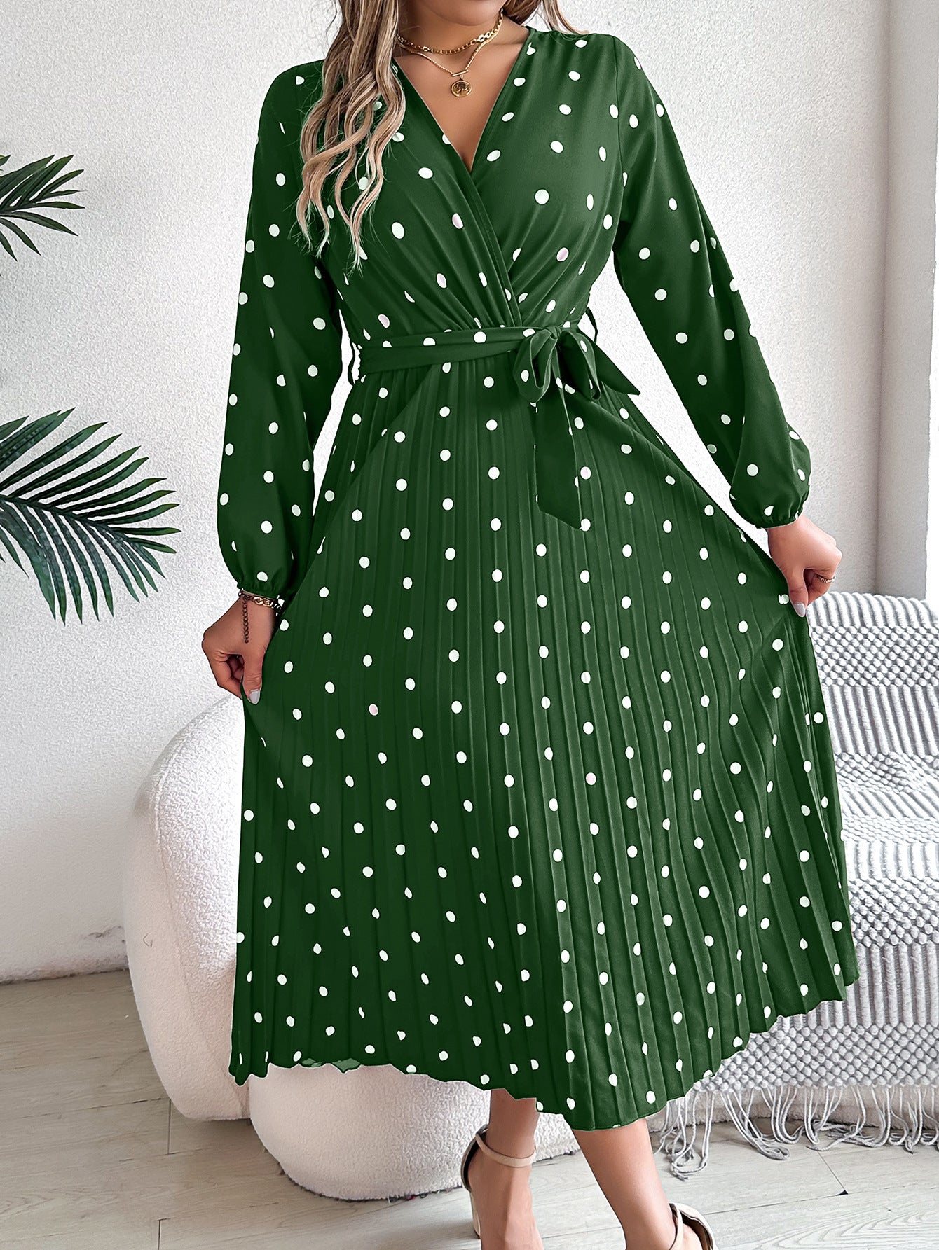Women’s Polka Dot Long Sleeve Wrap Maxi Dress – Elegant Pleated V-Neck