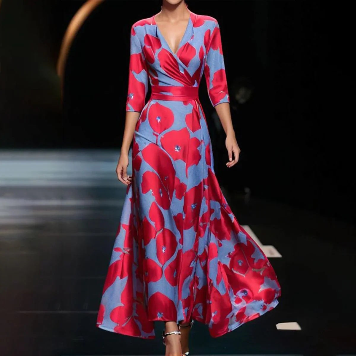 Women’s Cross V-Neck 3/4 Sleeve Floral Maxi Dress