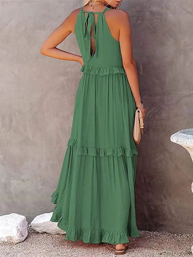 Summer Halter Neck Maxi Dress – Backless Beach Ruffle Dress for Women