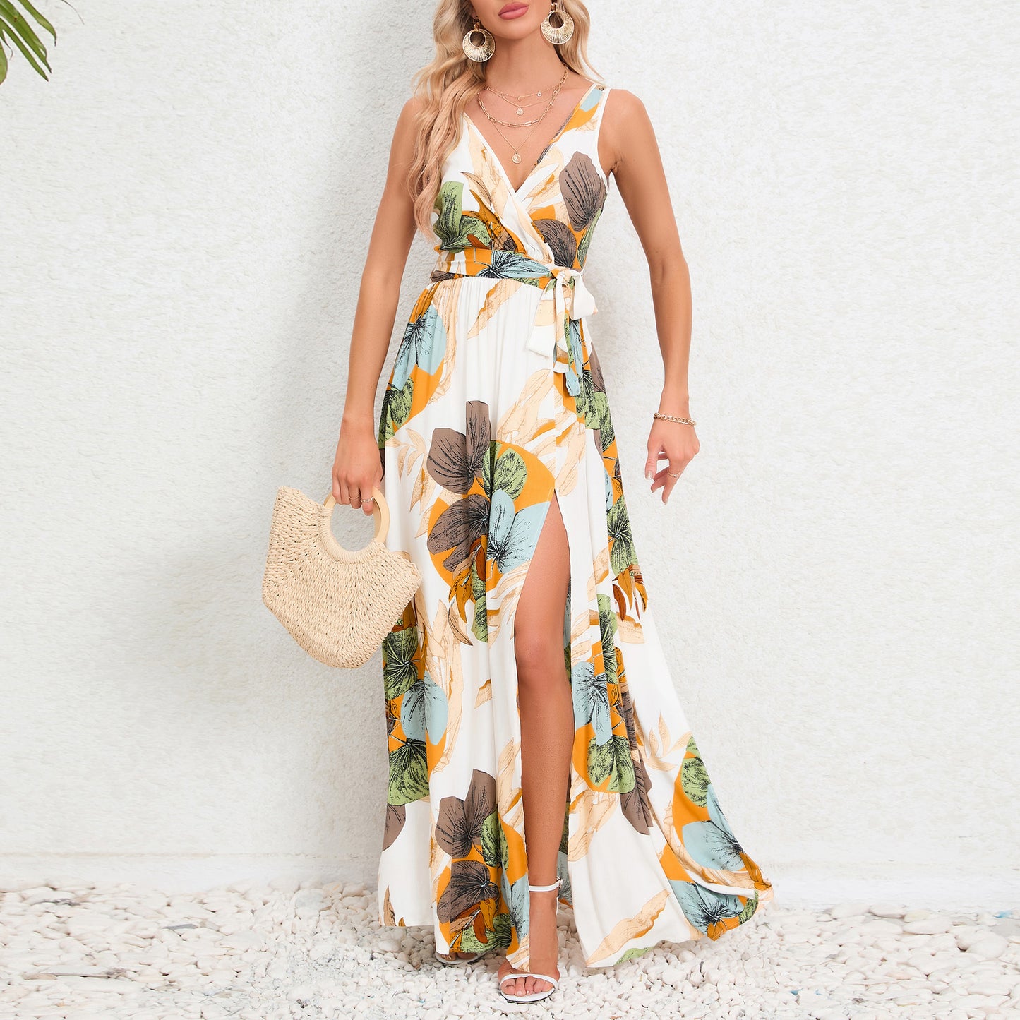 V-neck Floral Print Summer Maxi Dress – Sleeveless Slit Long Beach Dress for Women