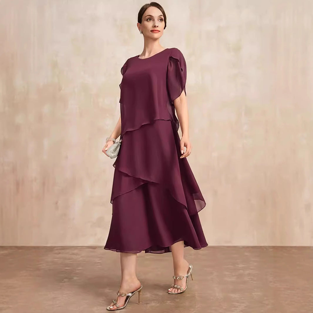 Women’s Layered Chiffon Loose Fit Dress – Elegant Belly Covering Plus Size Outfit