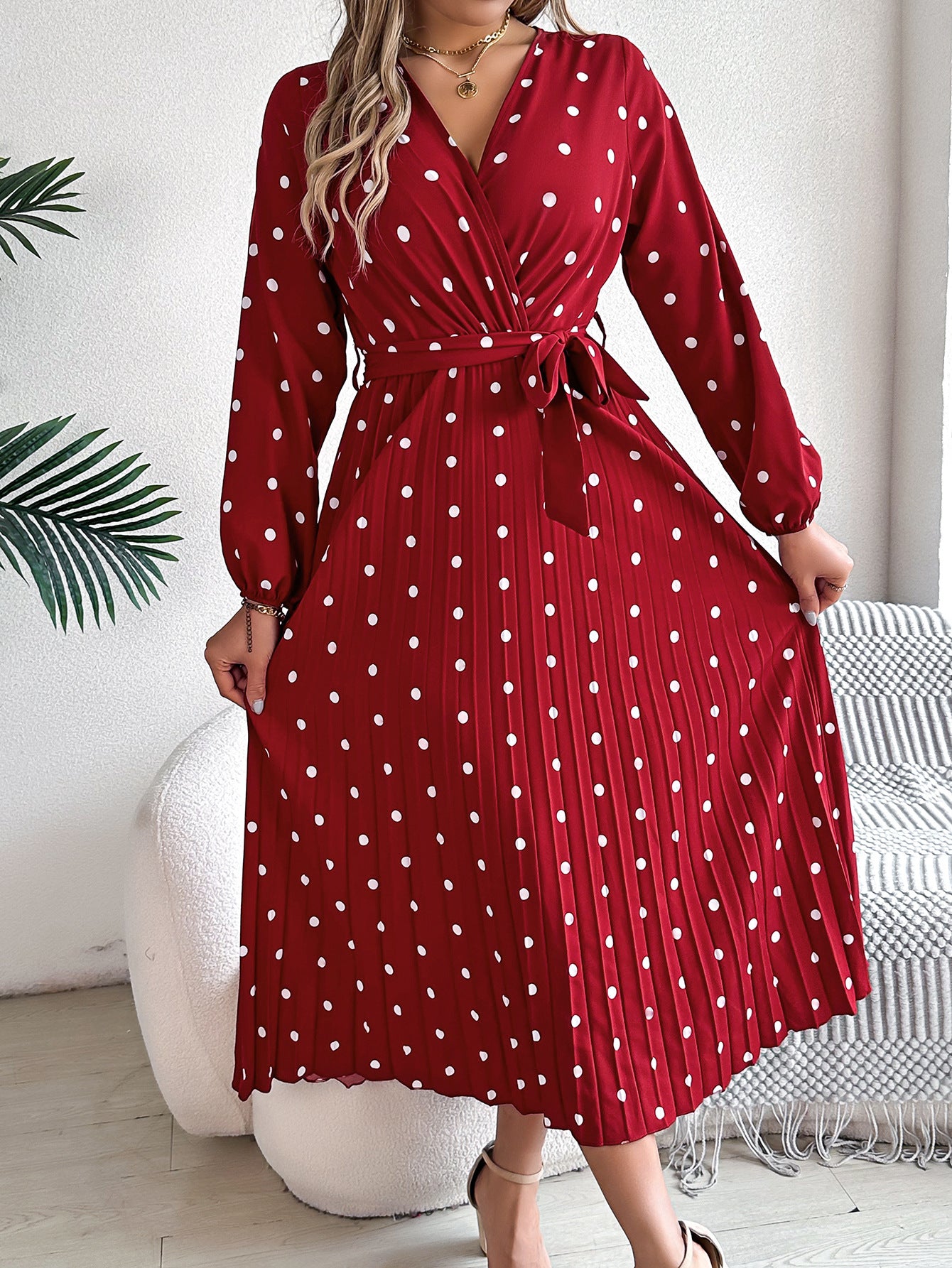 Women’s Polka Dot Long Sleeve Wrap Maxi Dress – Elegant Pleated V-Neck