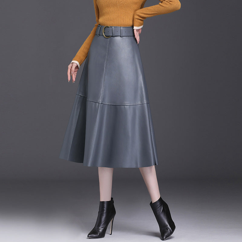 Women’s Leather A-Line Skirt – High Waist Pleated Midi Skirt