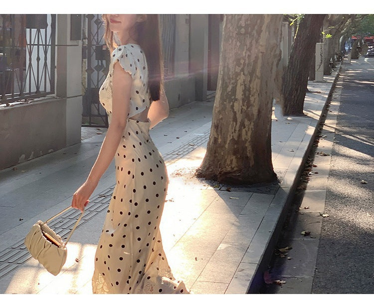 Lace V-Neck Polka Dot Maxi Dress – Elegant Slim Fit Evening Dress for Women