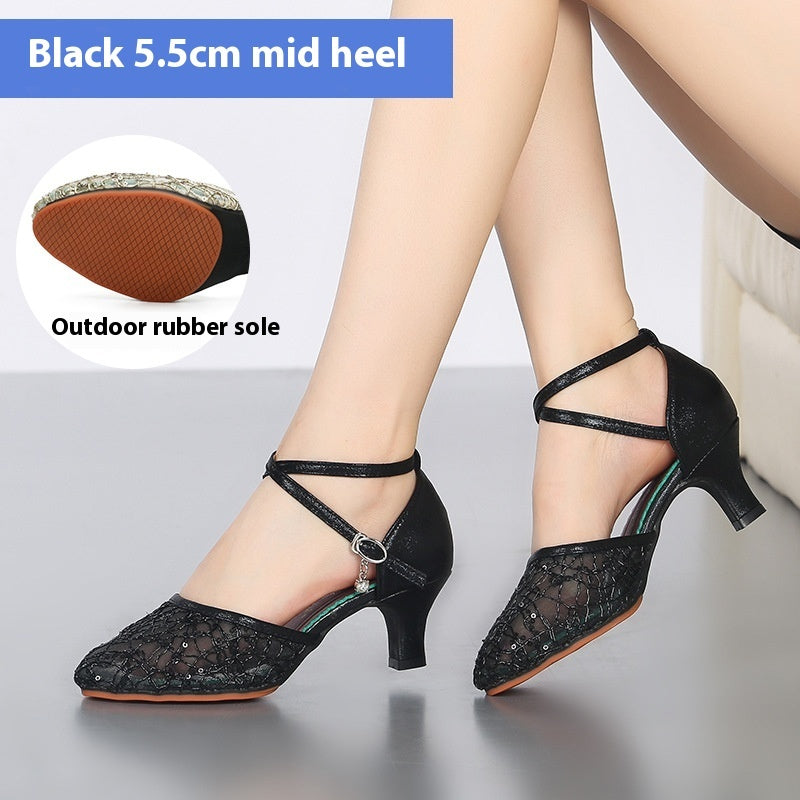 Women’s Latin Dance Shoes – Mid-Heel Elegant Lace Pumps for Summer Parties & Performances