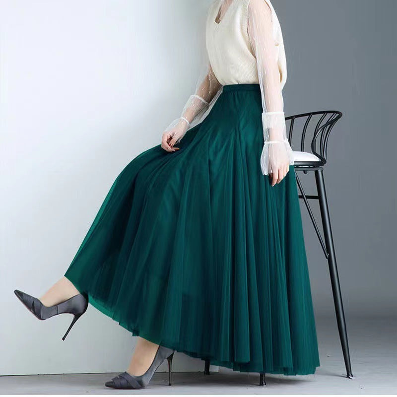 Women’s Pleated Mesh Midi Skirt – Elegant High Waist Swing Tulle Skirt
