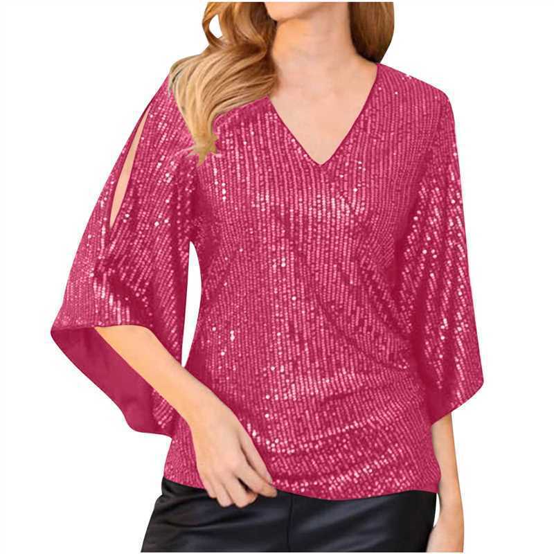 Women’s Sequined Party Top – Loose Mid-Length Short Sleeve Blouse
