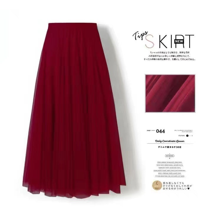 Women’s Pleated Mesh Midi Skirt – Elegant High Waist Swing Tulle Skirt