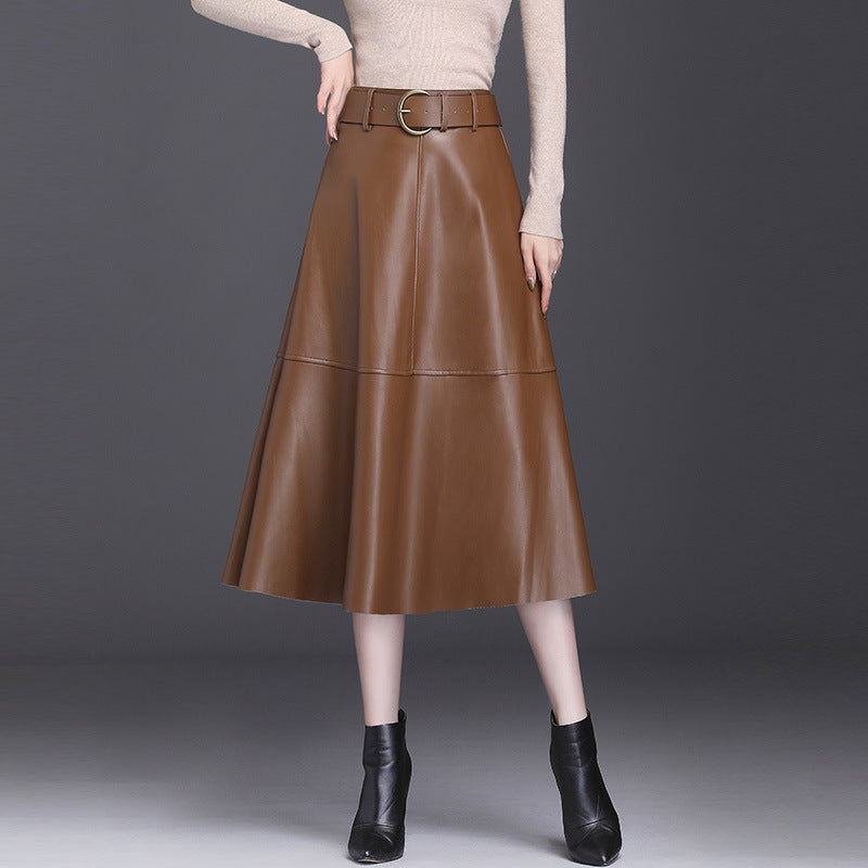Women’s Leather A-Line Skirt – High Waist Pleated Midi Skirt