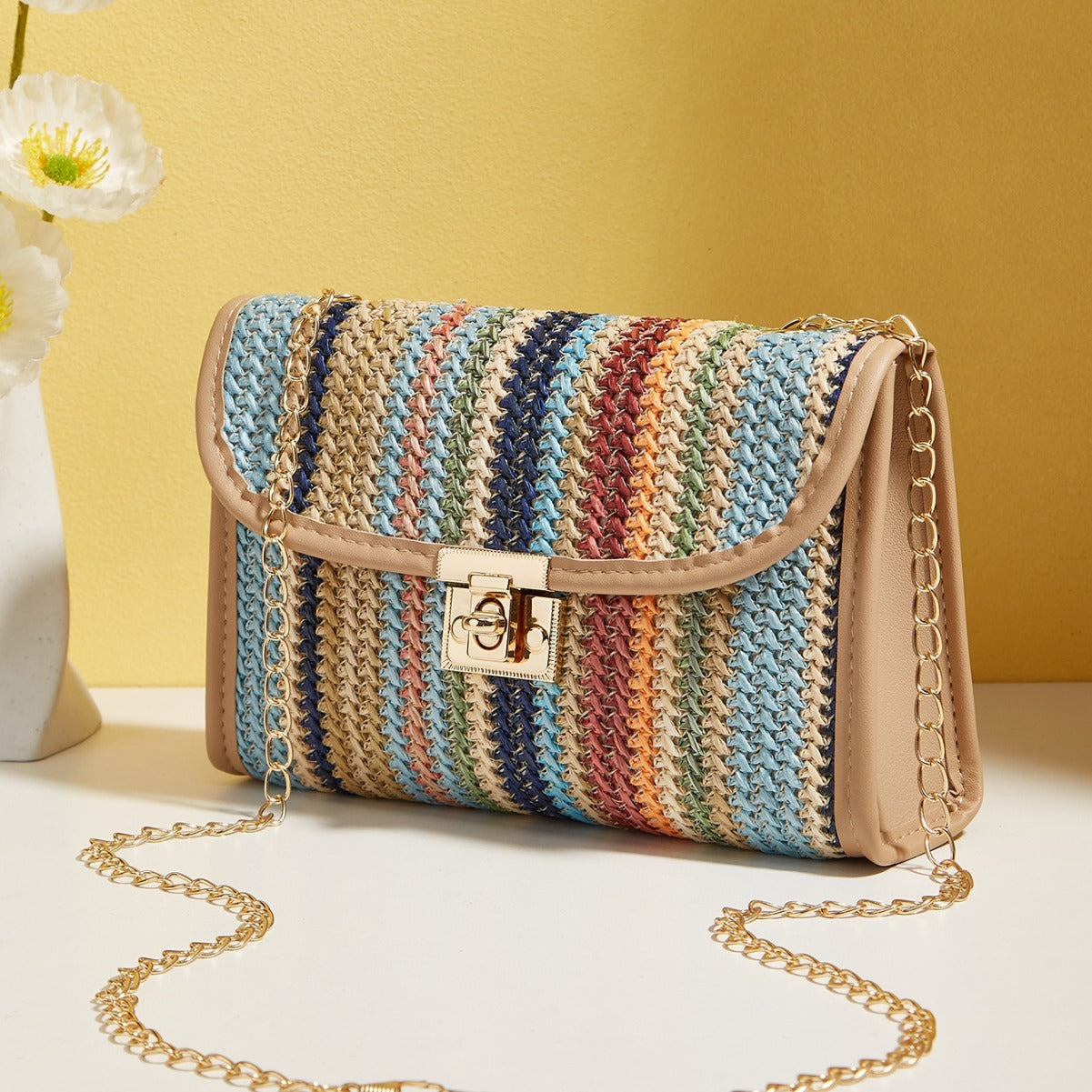 Woven Rainbow Crossbody Bag – Trendy Square Sling Bag with Gold Chain