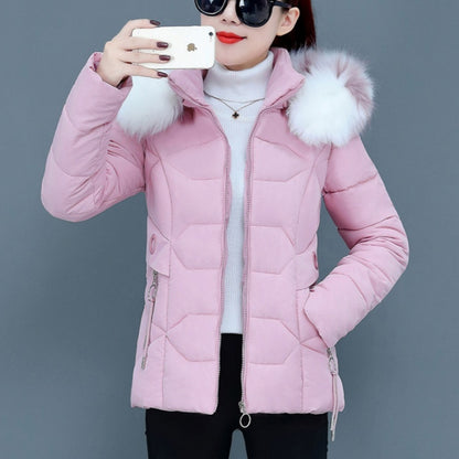 Women’s Short Cotton Padded Winter Jacket – Slim Fit with Fur Hood