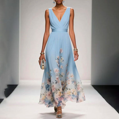Elegant Chiffon Floral Print Maxi Dress – Sleeveless V-Neck Summer Party Wear