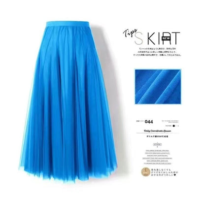 Women’s Pleated Mesh Midi Skirt – Elegant High Waist Swing Tulle Skirt