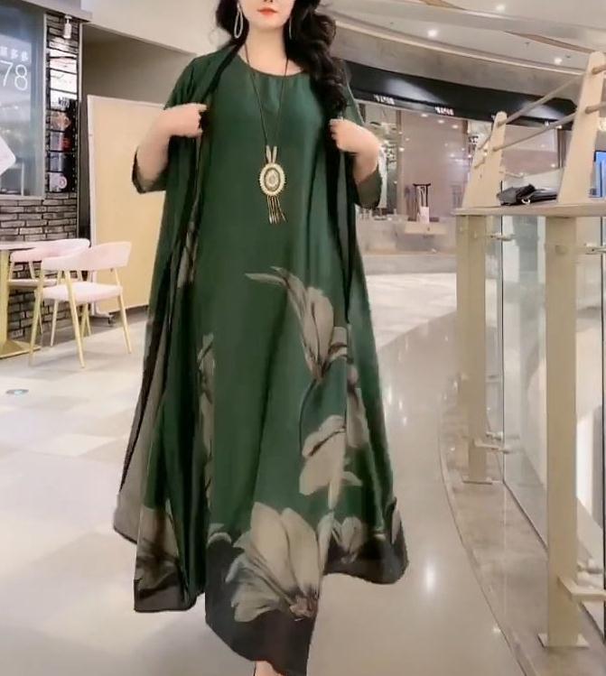 Women’s Artificial Silk Two-Piece Dress Set – Luxury Printed Loose Suit with Skirt
