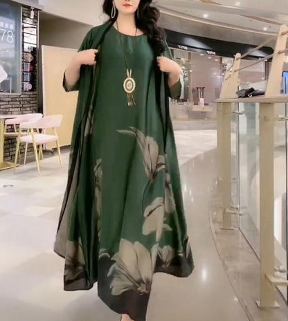 Women’s Artificial Silk Two-Piece Dress Set – Luxury Printed Loose Suit with Skirt