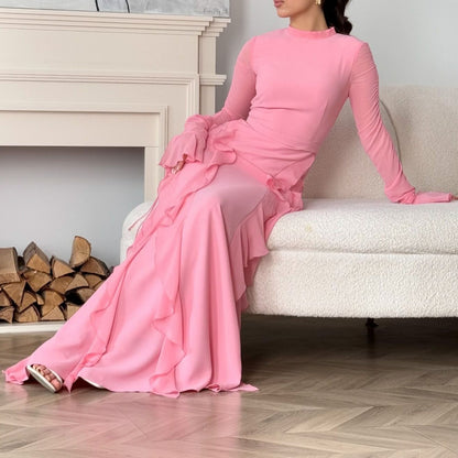 Luxury High Collar Princess Dress – Elegant Long Ruffled Gown